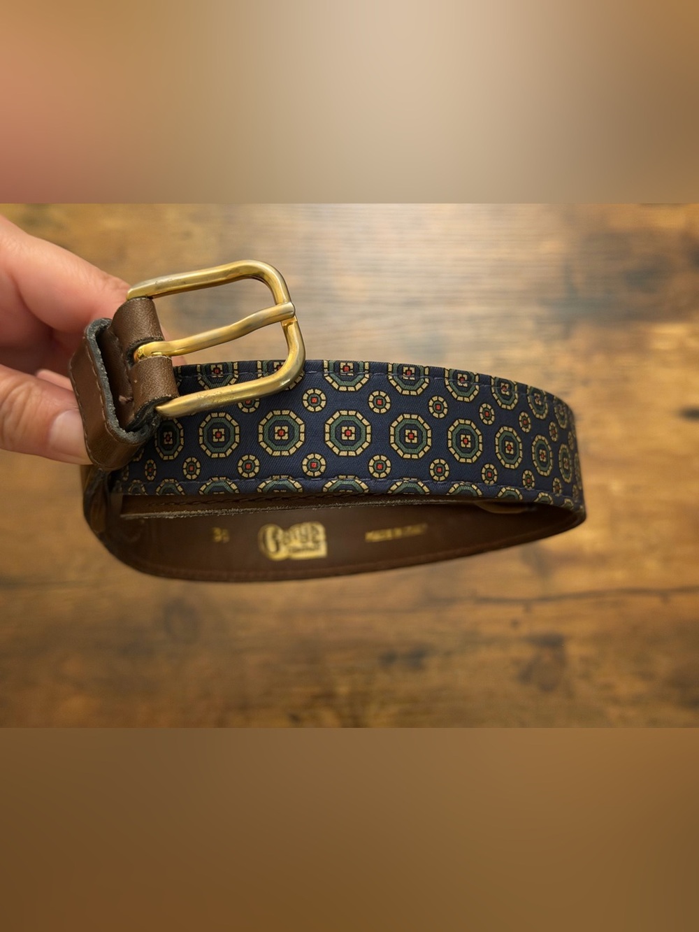 Vintage Men's Patterned Navy and Brown Leather Belt